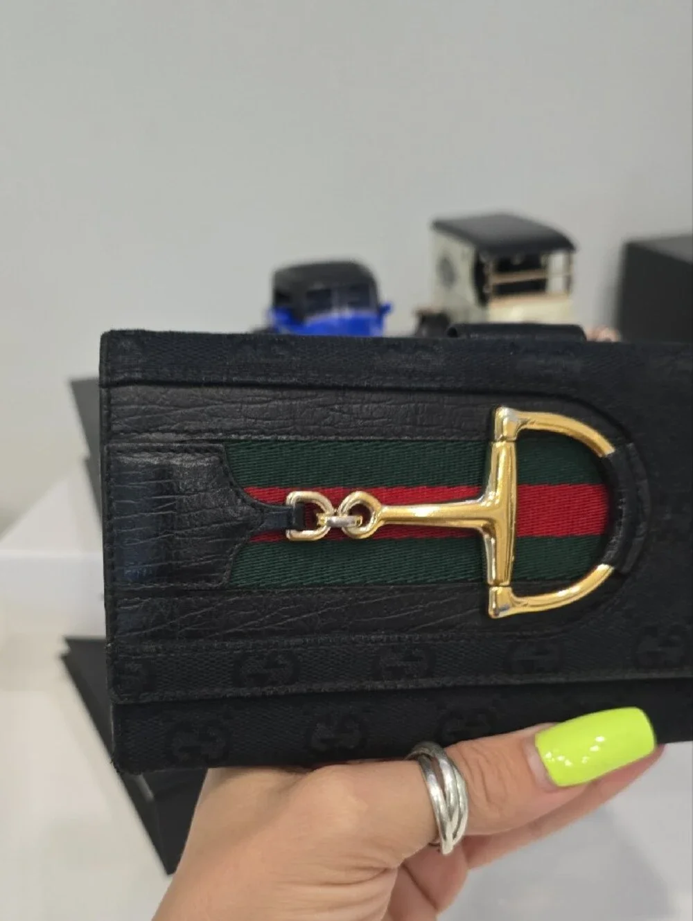 Gucci Black Wallet with Green & Red Web and Gold Buckle